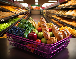 shopping basket containing a mix of fresh food, including fruits, vegetables, and bakery items