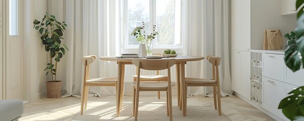Clear view of a modern IKEA kitchen table with a natural wood frame and Scandinavian design, white background, Realistic, Soft lighting