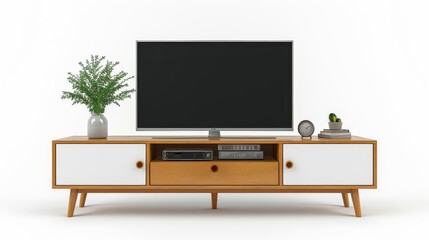 Clear view of a modern IKEA TV stand with geometric shapes and a natural wood frame, white backdrop, Vector art