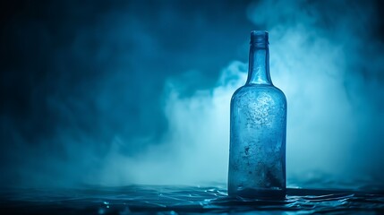 An inside perspective of a frosted glass bottle with subtle blue lighting