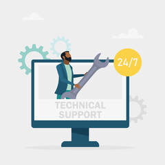 Technical support concept. People advise clients and solve technical problems. Online customer service. Vector illustration.	