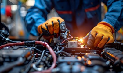 Technician Hands of car mechanic working repair in auto repair Service electric battery and Maintenance of car battery. Check the electrical system inside the, Generative AI