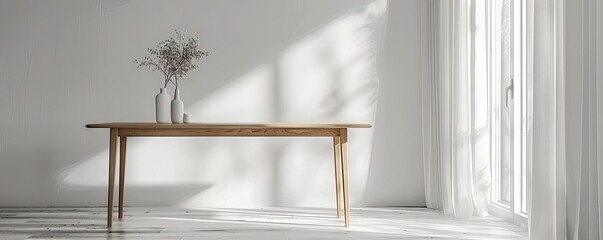 Closeup of a sleek IKEA dining table with integrated storage and a natural wood frame, isolated on white background, Digital art, Monochrome