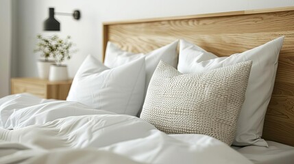 Closeup of a sleek IKEA bed headboard with a natural wood frame, white background, 3D rendering