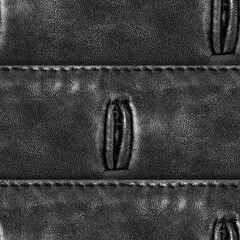 Seamless 4k photo texture photo of black colored leather material with stitching and button holes.