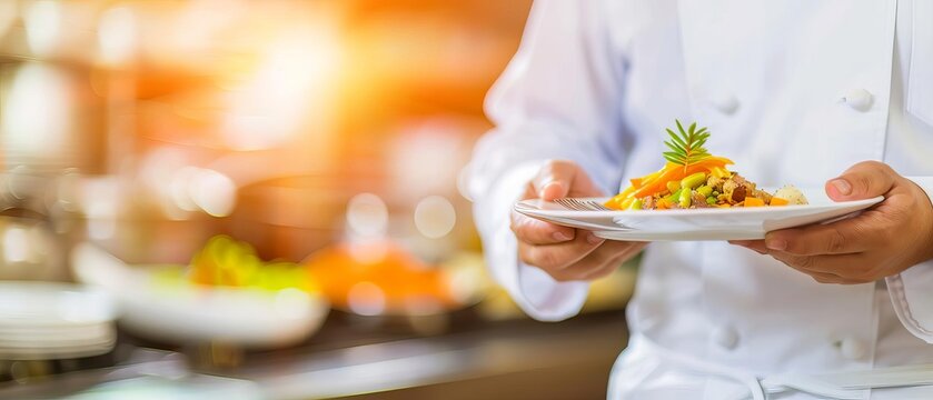 Chef presenting a beautifully plated dish in a professional kitchen, showcasing culinary skills and gourmet food preparation.