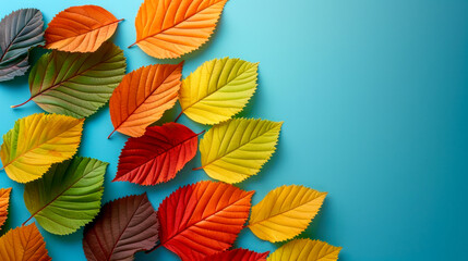 Fototapeta premium Colorful Autumn Leaves on Blue Background