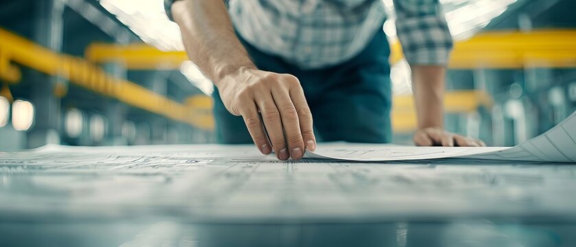 Close-up of an engineer's hand working on blueprints at a construction site, focusing on precision and planning in an industrial setting.