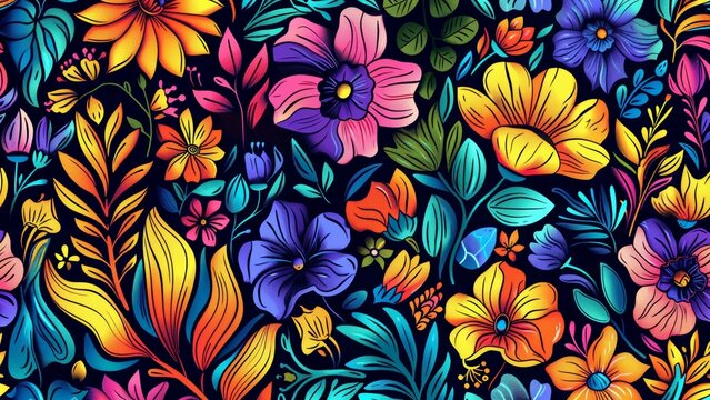 Seamless pattern with colorful flowers and leaves on dark background