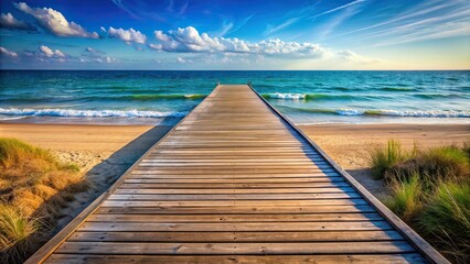 Fototapeta premium Boardwalk with wooden planks leading out to the sea, boardwalk, pier, beach, ocean, summer, vacation, resort, leisure