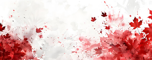 Canada Day background with an artistic watercolor style featuring red and white splashes and maple leaves.