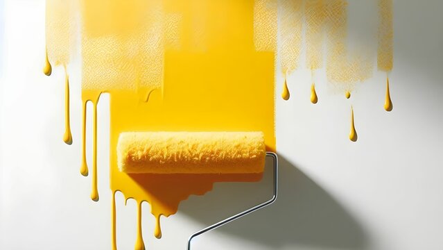  Abstract image of a yellow paint roller paints the wall of a white house in a modern yellow color