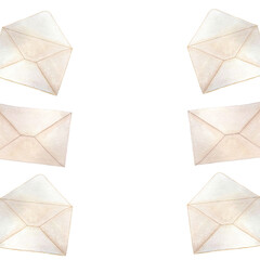 Envelope close and open, watercolor vertical frame isolated on white. Hand drawn high quality art. Simple flat style illustration for stationary designs, cards, notebooks, textile, packages design