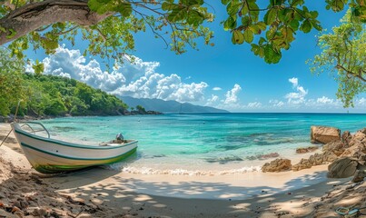 Beautiful caribbean sea and boat on the shore of exotic tropical island, panoramic view from the beach, Generative AI