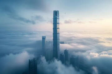 Obraz premium Futuristic Skyscraper Piercing the Clouds, Generative AI