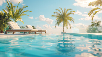 Summer pool. Swimming blue waters. Sunny day poolside. Crystal clear water. Sunshine and beach chairs.