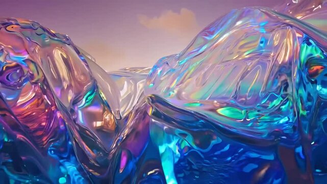 Iridescent ice sculpture under purple sky