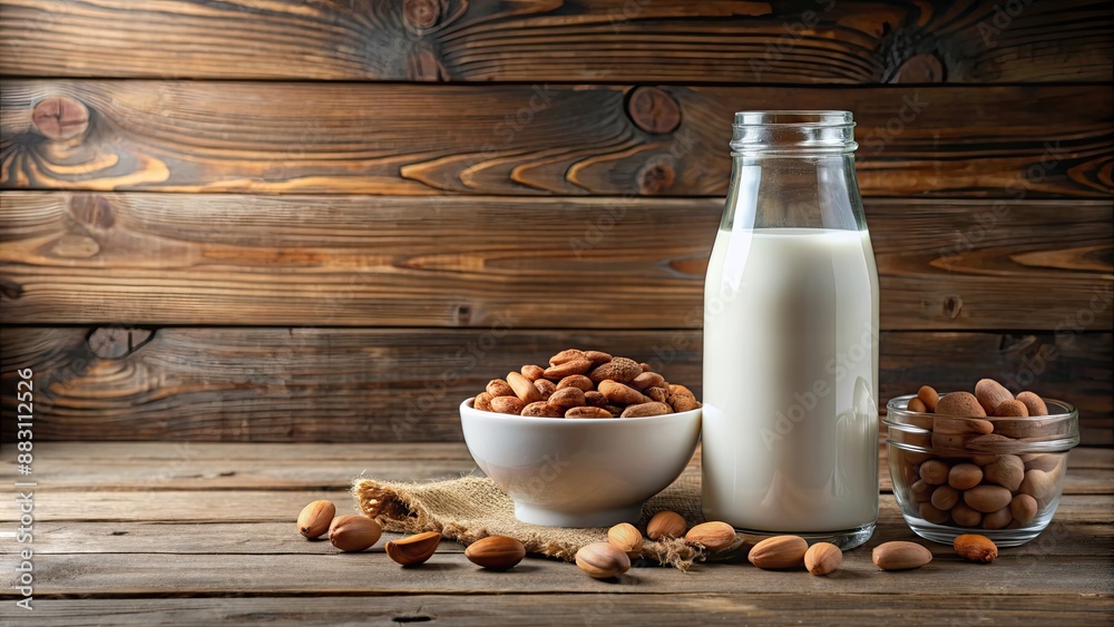 Wall mural Bottle and glass of milk with mixed nuts on a wooden table, milk, dairy, glass, bottle, almonds, walnuts