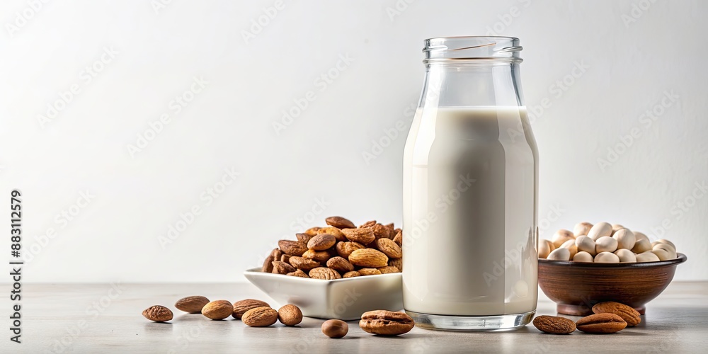 Wall mural Bottle and glass of milk with assorted nuts on white background, milk, nuts, almonds, pistachios, cashews, hazelnuts, walnuts