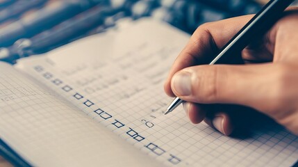 Naklejka premium Close-up of a hand holding a pen, writing on a notebook with a checklist. Concept of planning, organization and productivity.