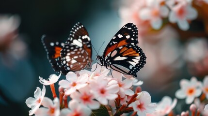 Obraz premium Two distinct butterflies with vibrant patterns resting on beautiful pink flowers, set against a lush and softly blurred background evoking a sense of calm and nature's beauty.