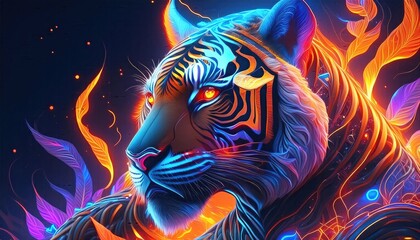 Tiger tattoo art, tiger neon lights - tattoo art, fantasy effect with fire 