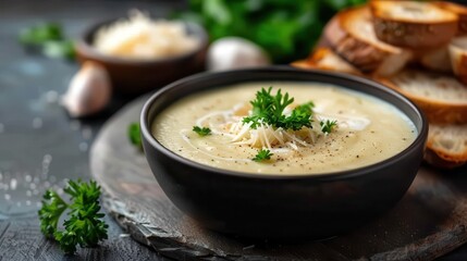 A delightful bowl of creamy white soup, garnished with fresh herbs and finely grated cheese, served with a side of crusty bread, creating a comforting and delicious dish.