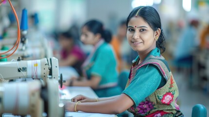 Beautiful Indian female fashion designer at work Happy female seamstress in a sewing factory. Blurred background.