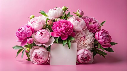 Obraz premium Beautiful bouquet of peony flowers with blank card on pink background , peony, flowers, bouquet, beautiful, pink, romantic