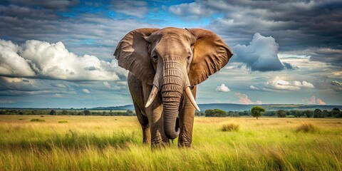 Fototapeta premium American elephant standing majestically in a grassy field, wildlife, animal, mammal, North America, giant, trunk