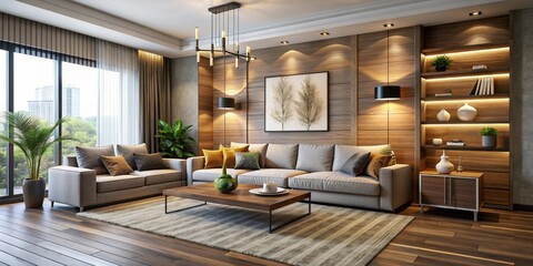 Modern living room interior with a large blank wall for custom artwork or photography