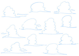  手書きの入道雲、積乱雲のイラスト線画セット、バリエーション素材