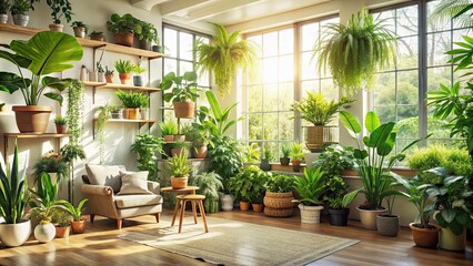 Bright and airy room filled with lush green plants, creating a serene and natural atmosphere, natural light, plants