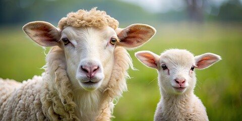 Obraz premium Close-up photo of a fluffy white sheep with a cute little lamb standing next to it, sheep, lamb, livestock, farm animals, woolly