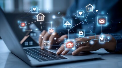 A digital marketing professional using AI technology to plan and temple the social media strategy for an online real estate business, including icons of houses connected by lines with other symbols
