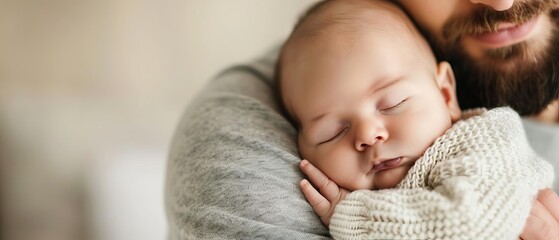 Close-up of a serene newborn baby sleeping peacefully in a parent's arms, showcasing love, comfort, and tenderness in a home setting.