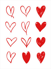 Hand drawn red hearts. Attractive heart illustrations.