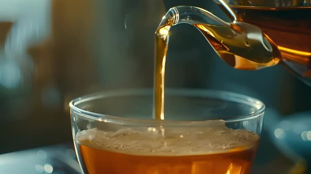 A detailed shot of the spout of the tea maker pouring out a stream of perfectly brewed tea into a waiting cup.