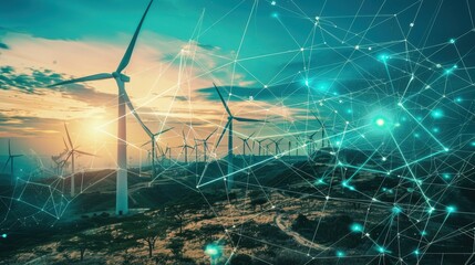 wind turbines with digital graph, sunset sky and city background