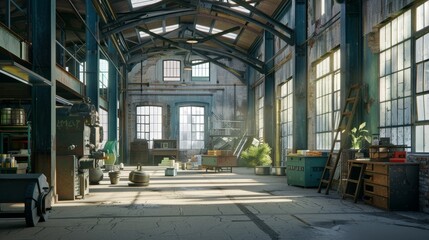 Industrial interior of an old factory building with vintage machinery and exposed brick walls