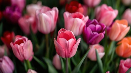 Naklejka premium This stunning image captures a lush field of colorful tulips in full bloom during spring, filled with pink, purple, and orange hues, perfectly embodying natural beauty and vibrant color.