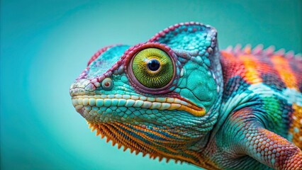 Obraz premium Chameleon blending into a vibrant turquoise background, showcasing its colorful skin with a direct gaze at the camera