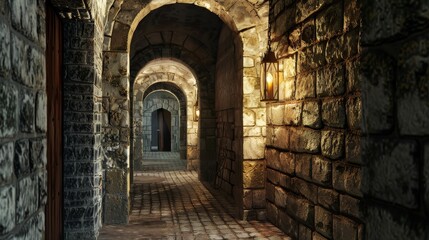Fototapeta premium Old Castle Corridor with Stone Walls and Mysterious Atmosphere. 3D Generated Image of Medieval Architecture and History