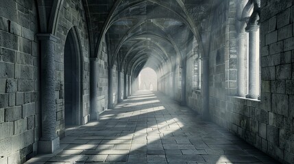 Fototapeta premium Old Castle Corridor with Stone Walls and Mysterious Atmosphere. 3D Generated Image of Medieval Architecture and History
