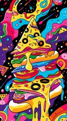 Obraz premium Psychedelic fast food items with vibrant, swirling patterns, pop art style, illustration, bold lines