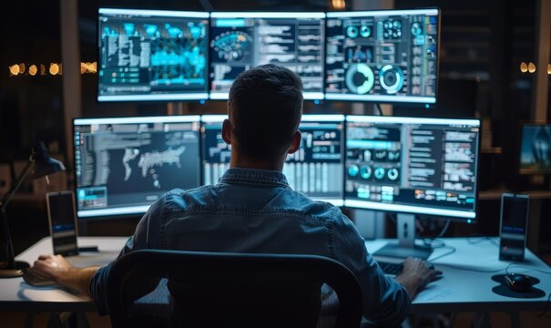 A cybersecurity professional working on multiple monitors displaying various AI-assisted cyber defense tools and algorithms, Generative AI