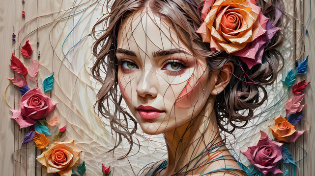 Beautiful young woman, rose in the hair, ethereal, calligraphic style string art design featuring the iconic, with interwoven details and vibrant colors