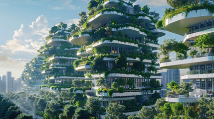 Obraz premium Futuristic green buildings with vertical gardens in modern city skyline and lush trees