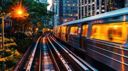 Naklejka premium Urban subway train speeding through city at twilight with illuminated buildings and greenery