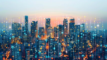 Obraz premium A modern cityscape at dusk, overlaid with digital connectivity symbols, representing a smart city integrating technology and urban infrastructure.